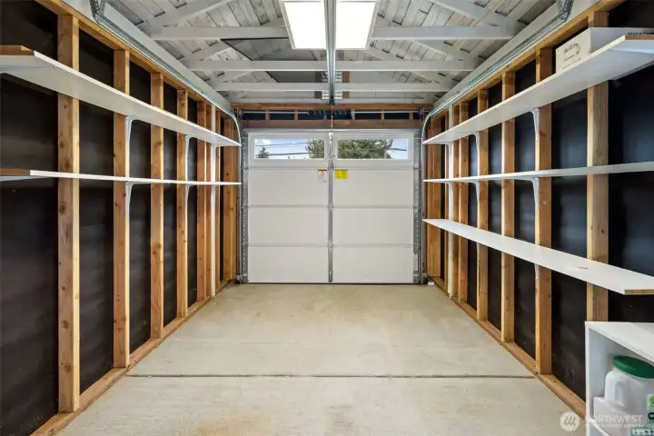 Single-car garage with built-in storage.