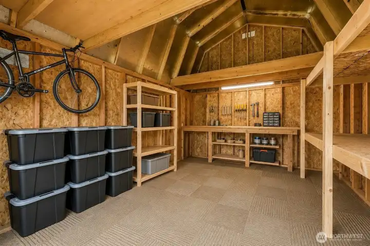 This generously sized outbuilding offers excellent versatility with its high vaulted ceiling, abundant natural light, and thoughtful layout. Featuring a large built-in workbench with overhead shelving, sturdy wall-to-wall storage shelves, and a durable interlocking floor system, it’s perfectly set up for hobbies, projects, or additional storage.