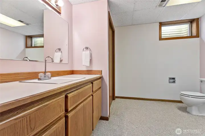 Ensuite bath downstairs. There is a sump pump (just in case!) in the closet here.
