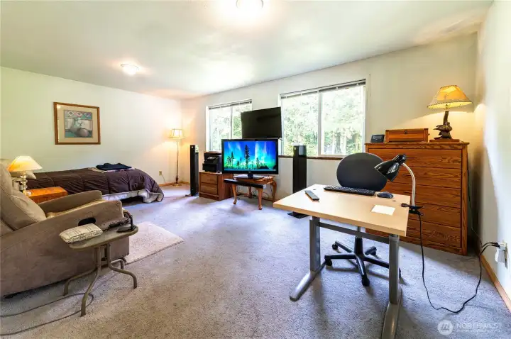 Spacious 12x20 bonus room with morning sun through east and south-facing windows — flexible space that buyers make their own.