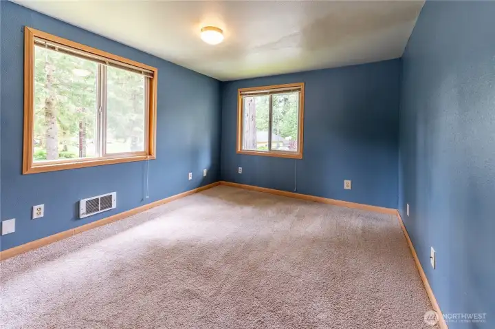 Bedroom one with two windows, neutral carpet, wall heater, and room to breathe.