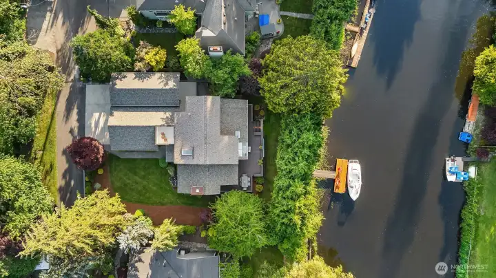 Good overhead shot showing with size of the lot with 90' of waterfront + dock