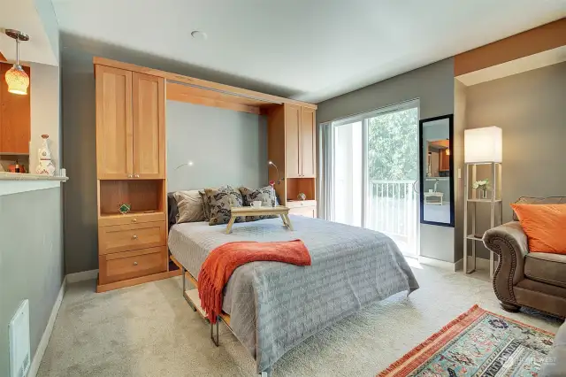 Custom built Murphy Bed allows for optimal use of this light filled space.
