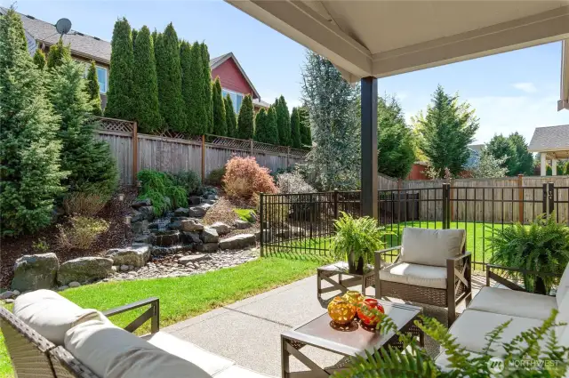 Covered Backyard Patio and Water Feature