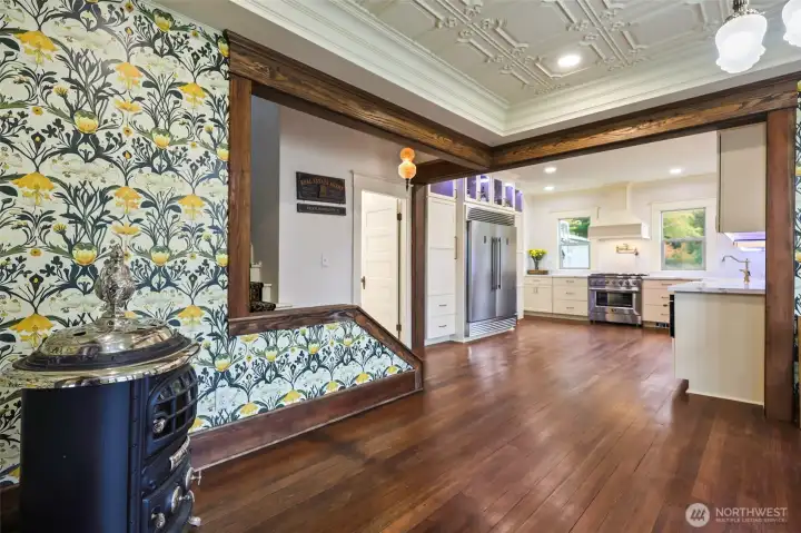 View from dining room into custom kitchen