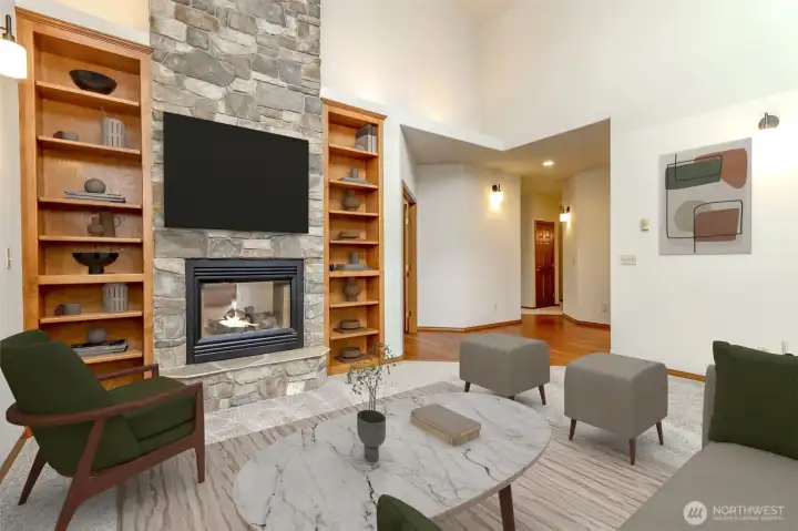 Great Room showing the massive stone fireplace with built-ins.