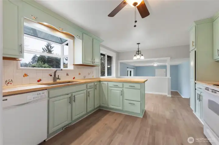 Bright kitchen with lots of light, butcher block counters, and soothing sage green cabinets.