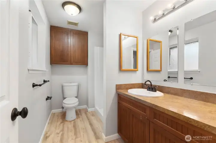 Primary 3/4 Bathroom, with walk in shower, and lots of counter space!