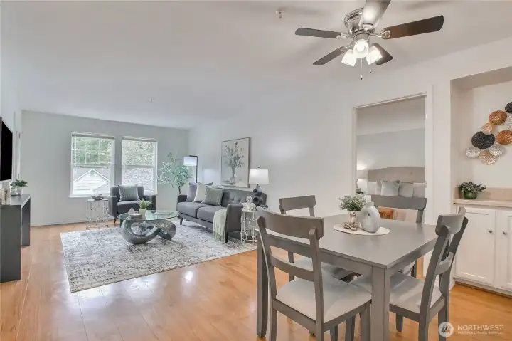 Light and bright living spaces with built ins.