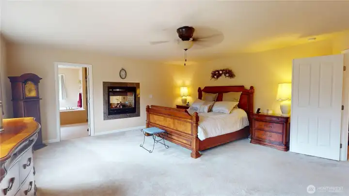 French doors lead you into the grand primary bedroom with unique double sided gas fireplace