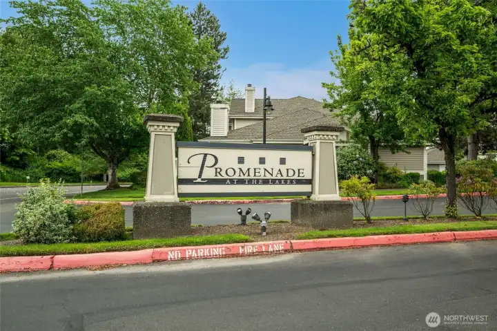 An established community feel with lush, mature plantings - Promenade at The Lakes.