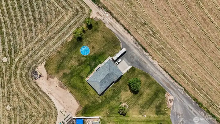 Bird's-eye view showcasing the full 2.57-acre property.