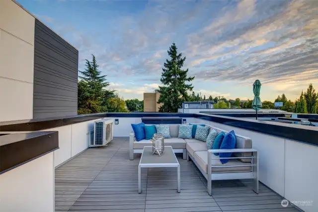 Spacious rooftop deck with views to the south, north & west towards the Sound and Olympic Mountain Range.