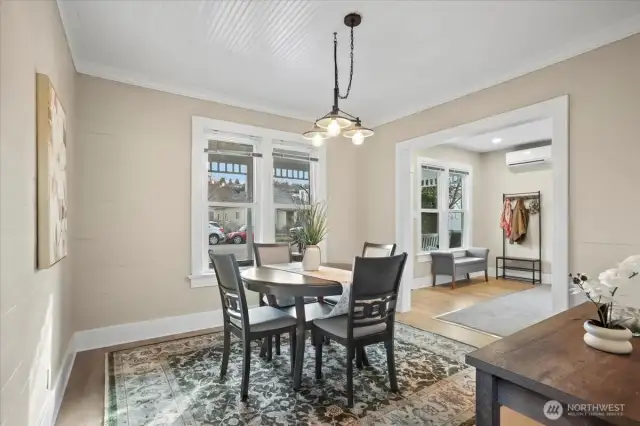 Dining room. Wood ceilings are through most of home.