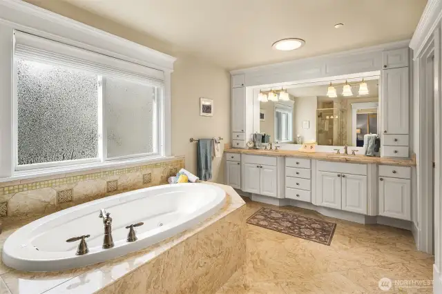 A luxurious master bathroom with heated tile floors, jetted bath tub, dual sinks, frosted windows, a ceiling skylight  tube for added natural light, and lots of nice cabinet space. Big walk-in closet