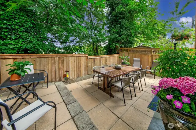 Back patio with multiple seating areas