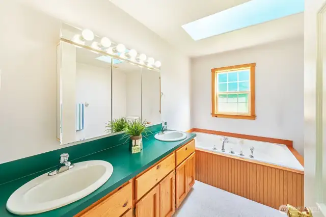The skylight brings in lots of natural light.