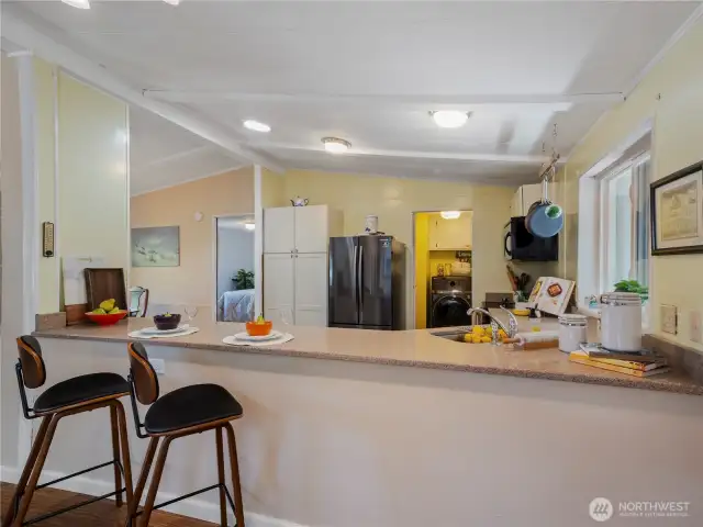 Eat at the counter for a quick meal or sit down at the dining room table for a long fun dinner party with friends.
