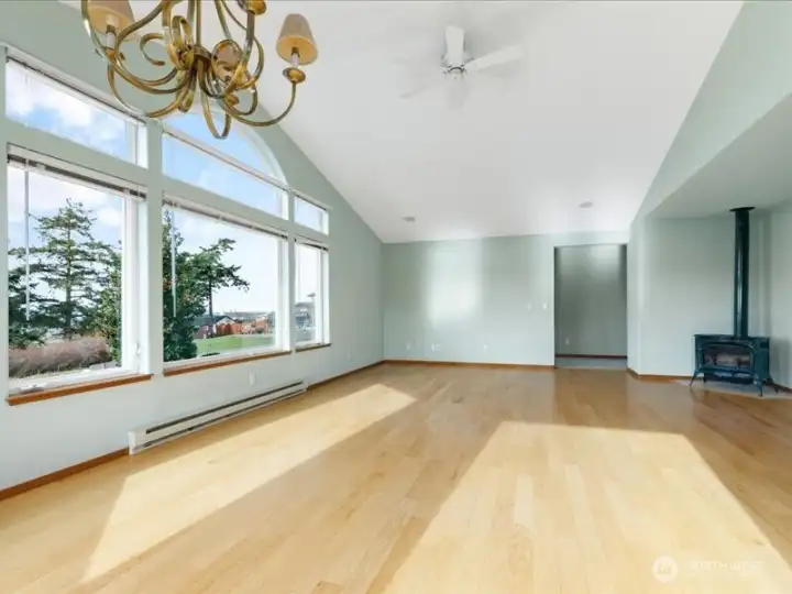 Large living area with stand alone propane fireplace