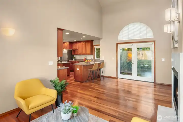 Family room provides access to gourmet kitchen, ADU, garage, and backyard.