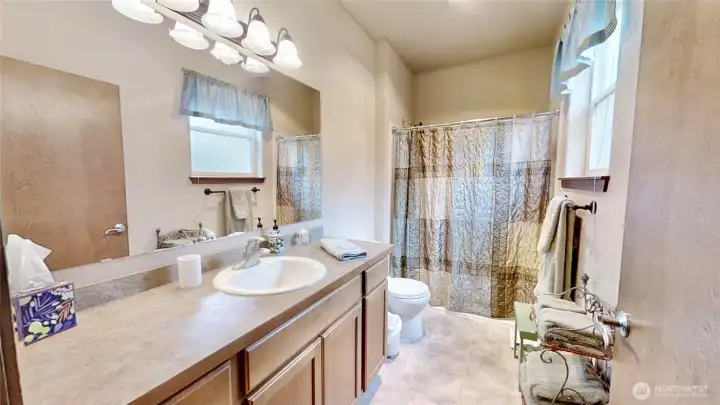 Main floor primary suite bathroom features walk-in shower.