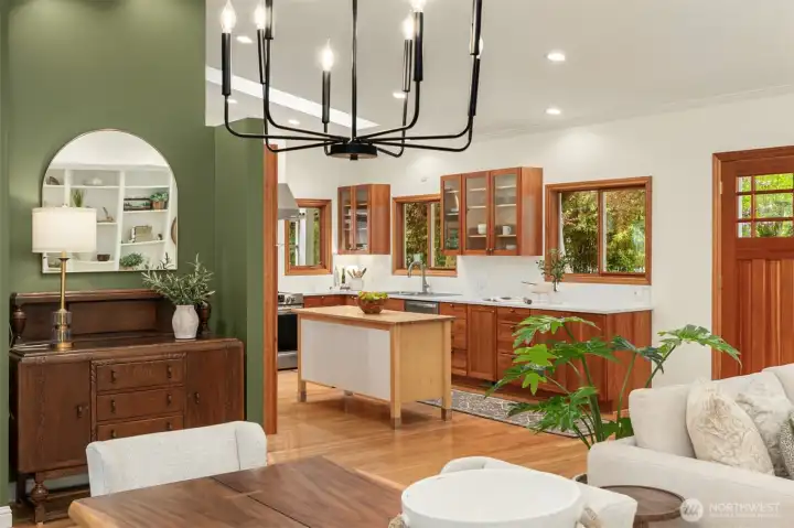 Dining in view of the kitchen.