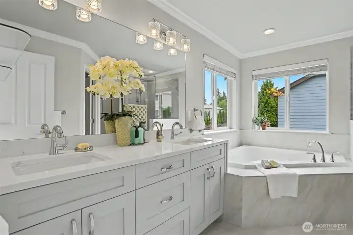 Primary bathroom was just remodeled with designer fixtures, modern cabinetry and Quartz countertops. Primary bathroom was just remodeled with designer fixtures, modern cabinetry and Quartz countertops.
