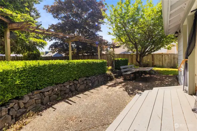 Fully fenced back yard with patio, rockeries, mature shrubs and trees is the perfect private sanctuary.