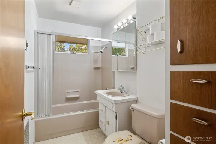 Shared bath with built-ins.
