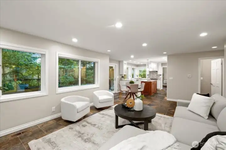 The family room looks out over the backyard and patio.