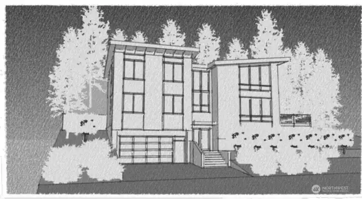 Exterior rendering of how home will look like with architectural plan.