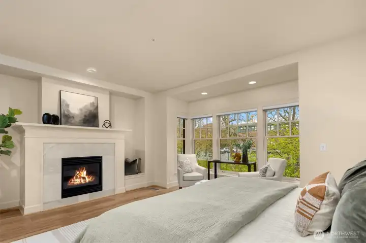 Romantic gas fireplace in the primary suite