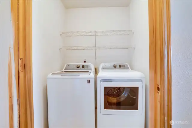The newer Energy Star Certified GE Washer and Dryer are included in the sale of the home. Add doors to hide away this laundry room from the hallway.