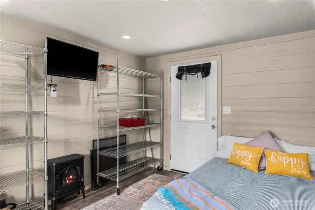 The adorable sleeping casita has power and plenty of storage. This is a queen bed.
