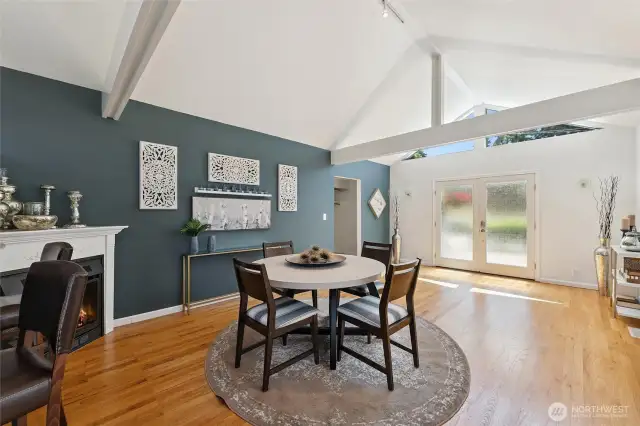 Walk through French doors and you're greeted with vaulted ceilings for a grand ambience and feel.