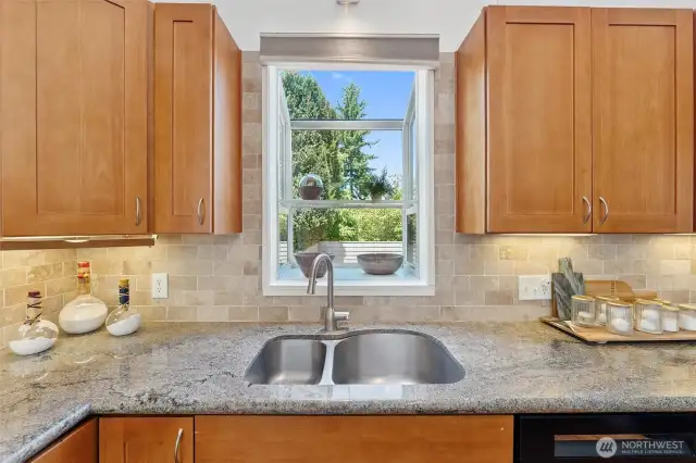 View to backyard deck and new kitchen faucet.