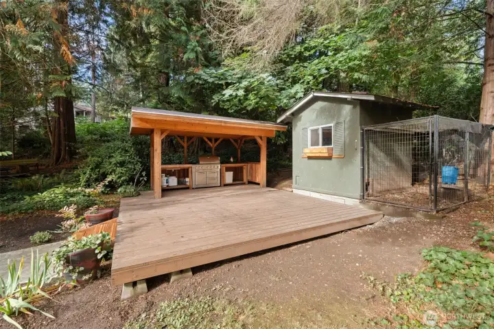 The built in BBQ area is ideal for hosting and has room to grow. The shed to the right is a chicken coop that has caged outdoor space and connects to a run on the other side of the yard.