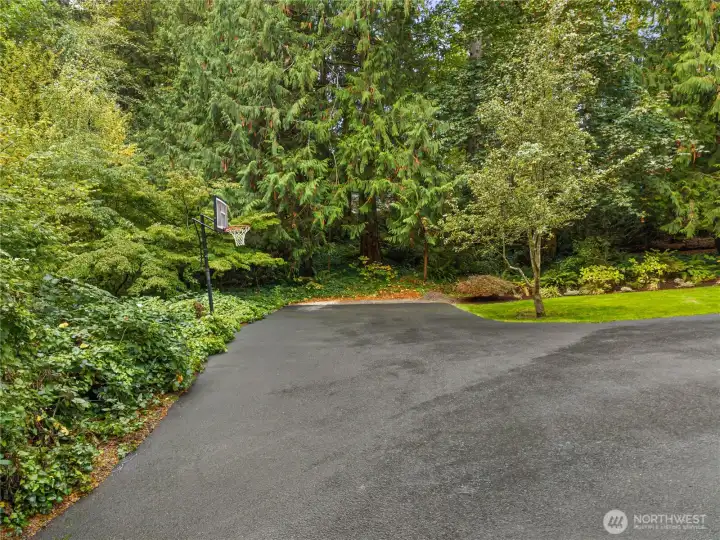 Parking galore, the asphalt driveway is expansive and has room for it all.