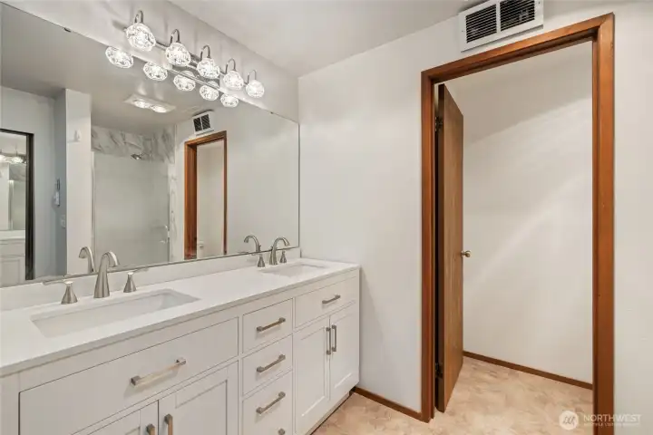 Brand new shower can be seen through the mirror