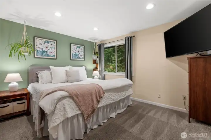 Located on the upper floor, this primary bedroom stands proud at the end of the residence with en-suite connection to the shared bathroom.