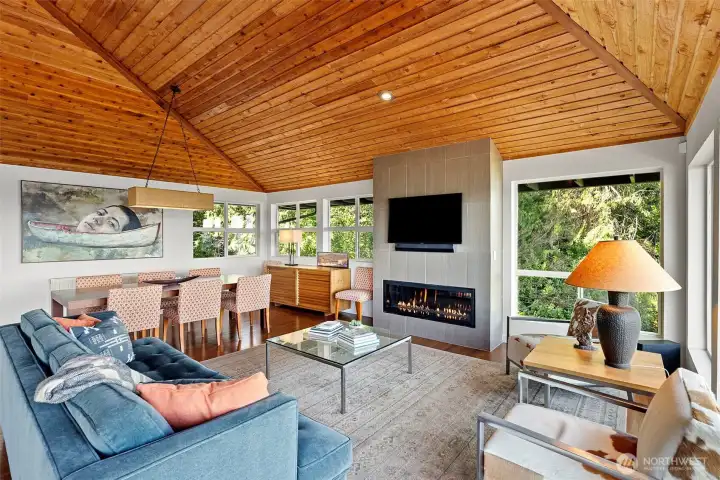 Cedar-planked ceiling adds to the warmth of the main living space
