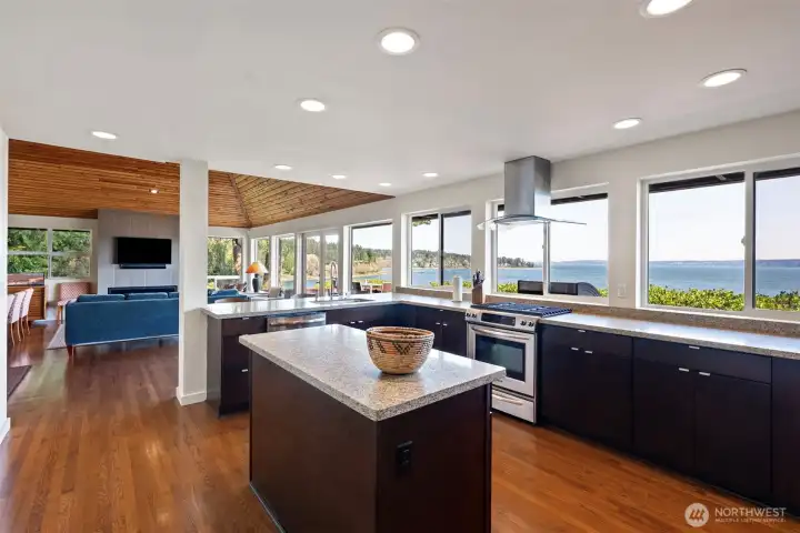 Central island provides additional work space and storage