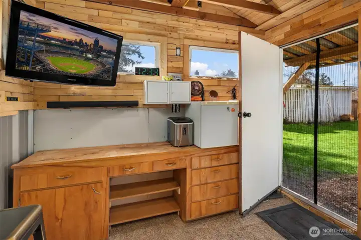 She shed/man cave. TV stays