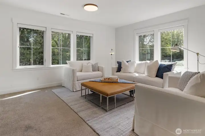 Large rec-room with custom built ins