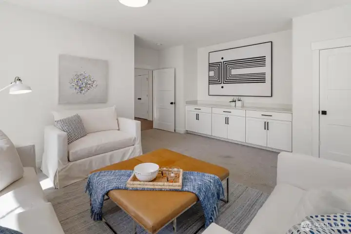 Large rec-room with custom built ins