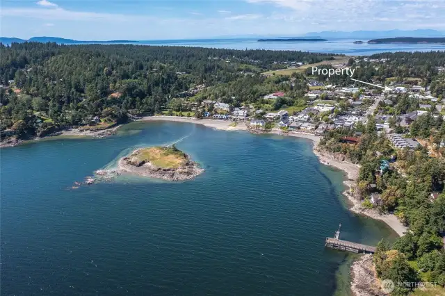Beautiful Eastsound Village on Orcas Island. This is Fishing Bay with Indian Island. The property is located in the heart of Eastsound within walking distance to all the shops and restaurants