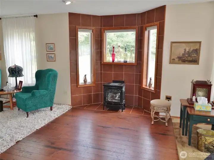 Living Room w/ free-standing propane fireplace.