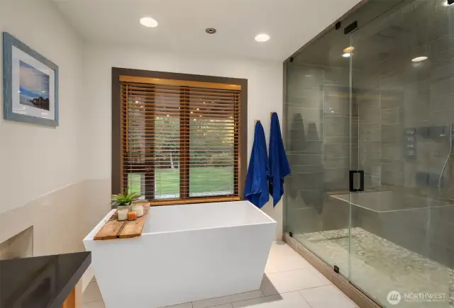 Stand alone bath and huge walk-in shower.