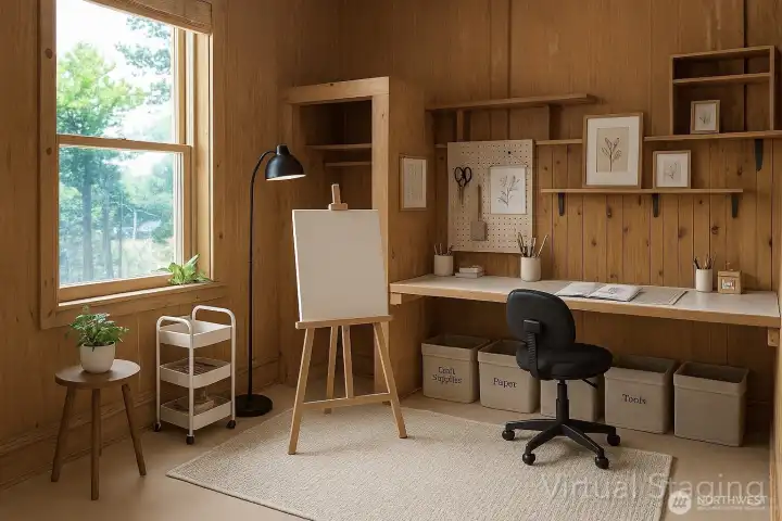 This lower-level flex room offers a warm, wood-paneled space ideal for crafts, art projects, or a quiet study area.