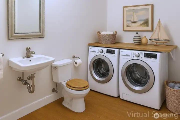 The lower bathroom/laundry features a practical layout with a sink, toilet, and a separate shower. Space to accommodate a full-size washer/dryer.